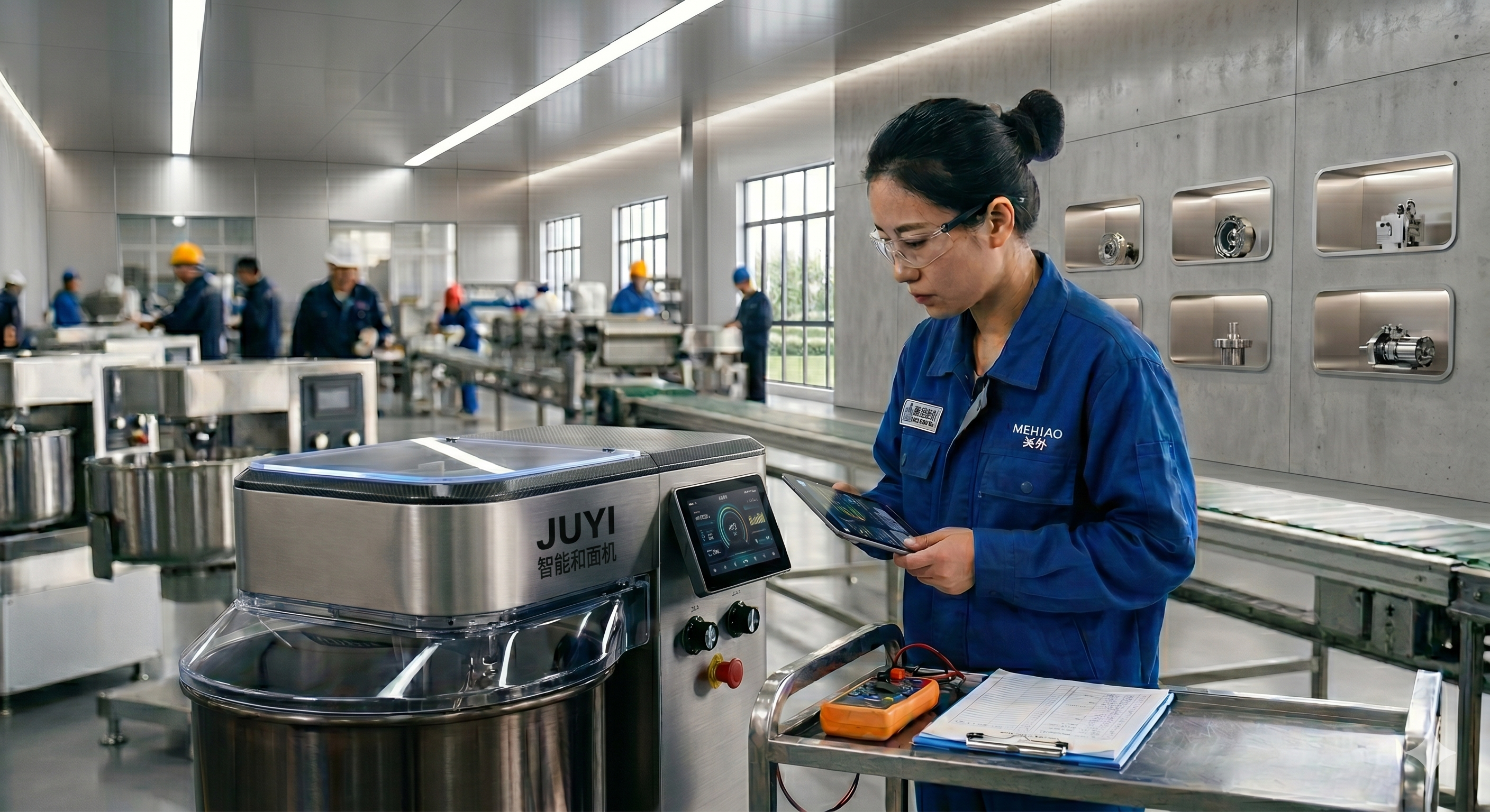 Technicienne chinoise inspectant soigneusement un pétrin industriel intelligent
